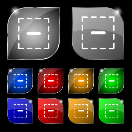 The minus in a square icon sign. Set of ten colorful buttons with glare. Vector illustrationのイラスト素材