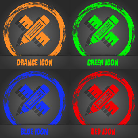 Pencil with ruler icon. Fashionable modern style. In the orange, green, blue, red design. Vector illustrationのイラスト素材