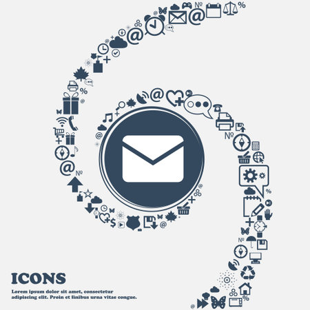 Mail, Envelope, Message icon sign in the center. Around the many beautiful symbols twisted in a spiral. You can use each separately for your design. Vector illustrationのイラスト素材