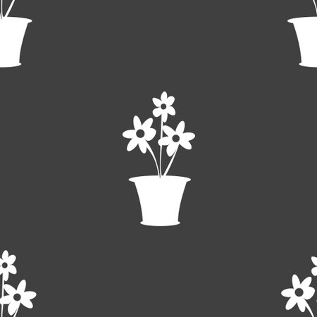 vase of flowers icon sign. Seamless pattern on a gray background. illustrationの写真素材