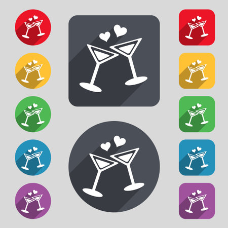 Cocktail in glass with hearts icon sign. A set of 12 colored buttons and a long shadow. Flat design. illustrationの写真素材