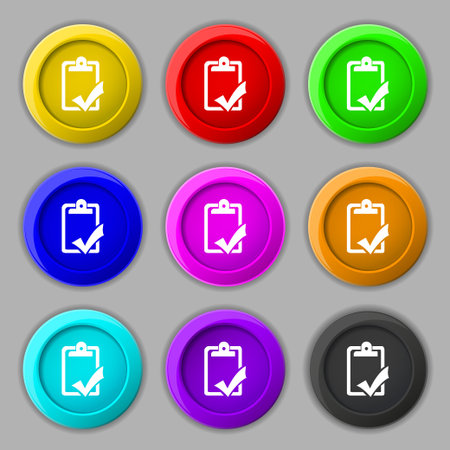 Document grammar control, Test, work complete icon sign. symbol on nine round colourful buttons. illustrationの写真素材