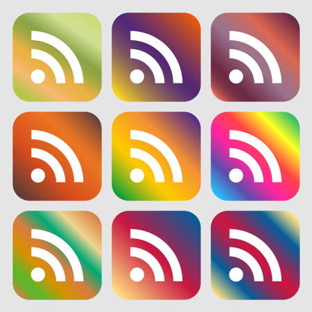 RSS feed icon. Nine buttons with bright gradients for beautiful design. Vector illustrationのイラスト素材