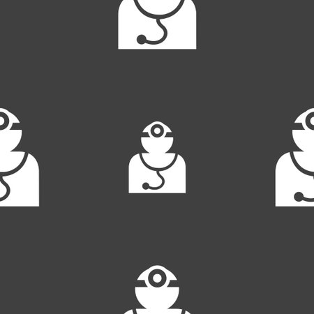 Doctor with stethoscope around his neck sign. Seamless pattern on a gray background. illustrationの写真素材