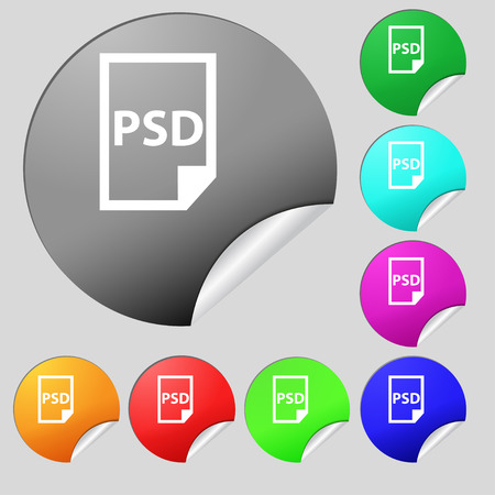 PSD Icon sign. Set of eight multi colored round buttons, stickers. Vector illustrationのイラスト素材