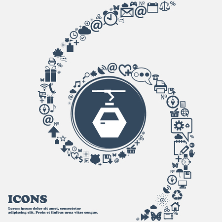 Cableway cabin icon in the center. Around the many beautiful symbols twisted in a spiral. You can use each separately for your design. Vector illustrationのイラスト素材