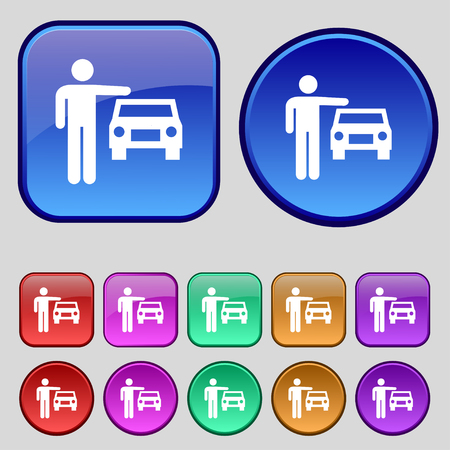 person up hailing a taxi icon sign. A set of twelve vintage buttons for your design. Vector illustrationのイラスト素材