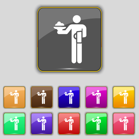 Colorful waiter with food Icons and signs in the form of a button or symbol for your design. Vector illustration.のイラスト素材