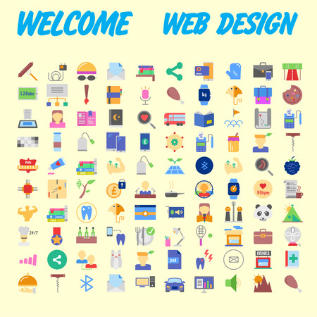 100 universal icons for web design on different topics. Vector illustrationのイラスト素材
