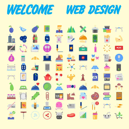 100 universal icons for web design on different topics. Vector illustrationのイラスト素材