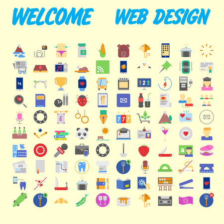 Set of 100 Universal and Standard Icons on Flat Colored with on orange Background. Vector illustrationのイラスト素材