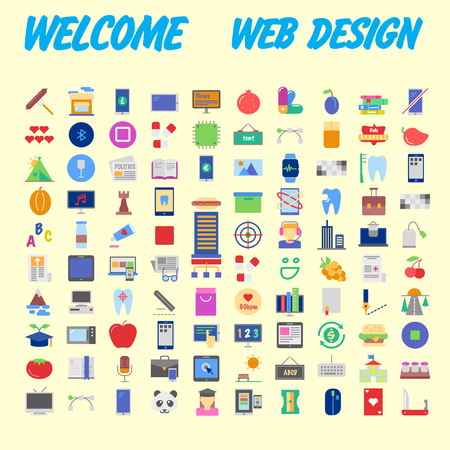 Set of 100 Universal and Standard Icons on Flat Colored with on orange Background. Vector illustrationのイラスト素材