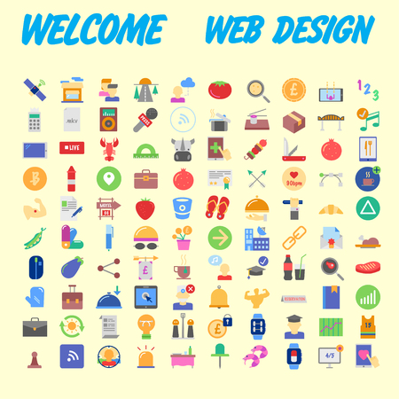 Set of 100 flat web icons on following themes - SEO and development, creative process, business and finance, office and business, security and protection, shopping and commerce. Vector illustrationのイラスト素材