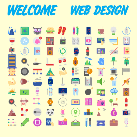 Set of 100 Universal and Standard Icons on Flat Colored with on orange Background. Vector illustrationのイラスト素材