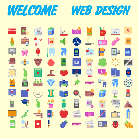 Set of 100 Universal and Standard Icons on Flat Colored with on orange Background. Vector illustrationのイラスト素材