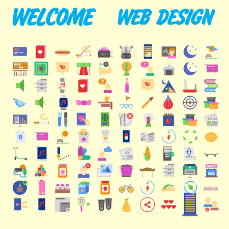 Set of 100 flat web icons on following themes - SEO and development, creative process, business and finance, office and business, security and protection, shopping and commerce. Vector illustrationのイラスト素材