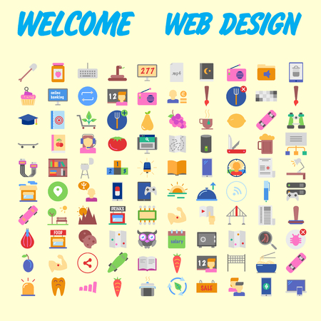 Set of 100 Universal and Standard Icons on Flat Colored with on orange Background. Vector illustrationのイラスト素材