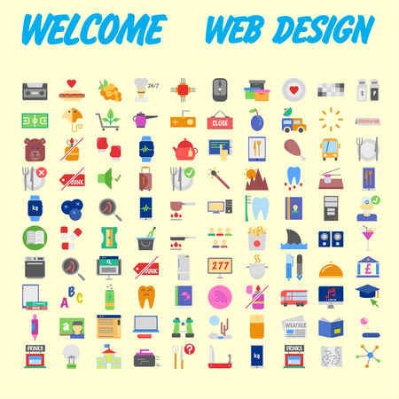 Set of 100 flat web icons on following themes - SEO and development, creative process, business and finance, office and business, security and protection, shopping and commerce. Vector illustrationのイラスト素材