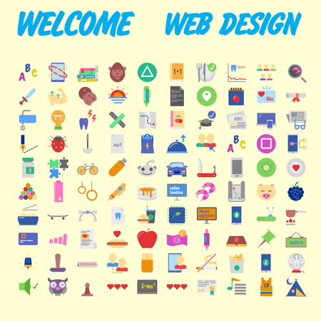 Set of 100 flat web icons on following themes - SEO and development, creative process, business and finance, office and business, security and protection, shopping and commerce. Vector illustrationのイラスト素材