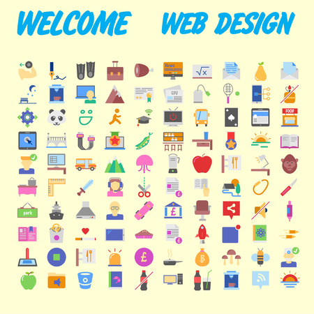 Set of 100 flat web icons on following themes - SEO and development, creative process, business and finance, office and business, security and protection, shopping and commerce. Vector illustrationのイラスト素材