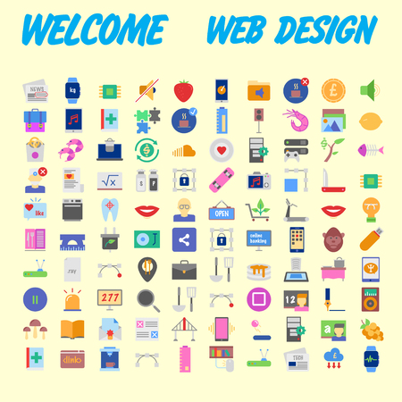 Set of 100 Universal and Standard Icons on Flat Colored with on orange Background. Vector illustrationのイラスト素材