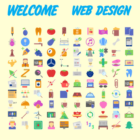 Set of 100 flat web icons on following themes - SEO and development, creative process, business and finance, office and business, security and protection, shopping and commerce. Vector illustrationのイラスト素材