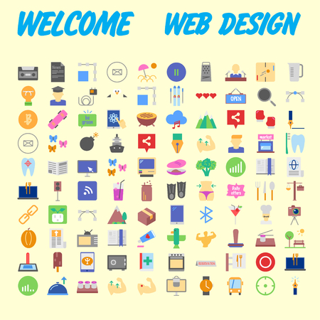 Set of 100 flat web icons on following themes - SEO and development, creative process, business and finance, office and business, security and protection, shopping and commerce. Vector illustrationのイラスト素材