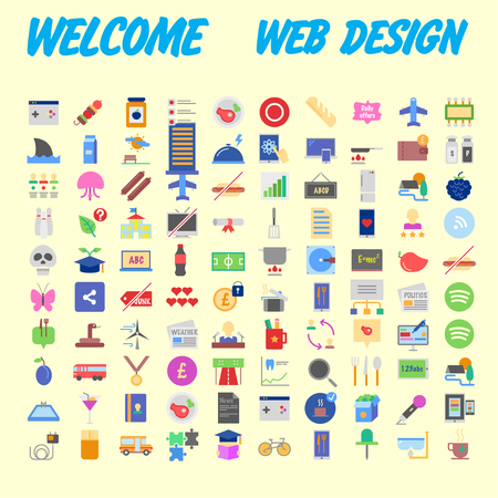 100 universal icons for web design on different topics. Vector illustrationのイラスト素材