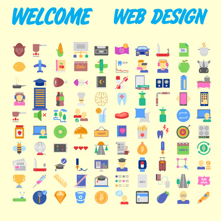 100 universal icons for web design on different topics. Vector illustrationのイラスト素材