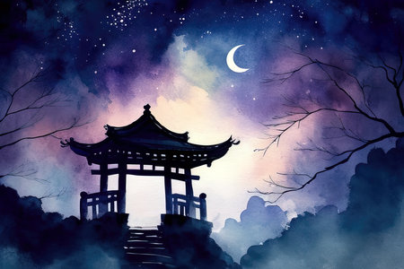 Chinese style pavilion in the night sky. Watercolor painting. (AI Generated)の素材