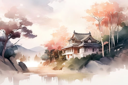 Beautiful japanese temple on the lake watercolor painting. (AI Generated)の素材