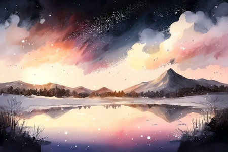Winter landscape with mountains, lake and sunset. Digital watercolor painting. (AI Generated)の素材