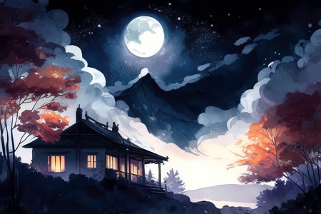 Chinese temple at night with moon and clouds. Digital painting illustration. (AI Generated)の素材