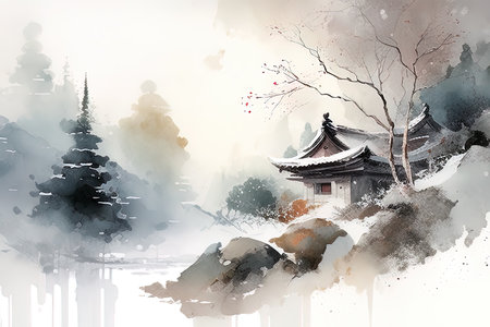 Chinese traditional style building in the mountains. Digital watercolor painting. (AI Generated)の素材