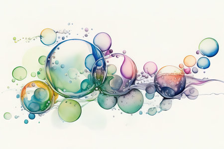 Colorful water bubbles on white background. (AI Generated)の素材