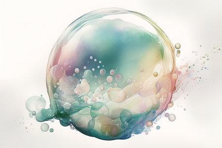 Colorful soap bubbles on white background. (AI Generated)の素材