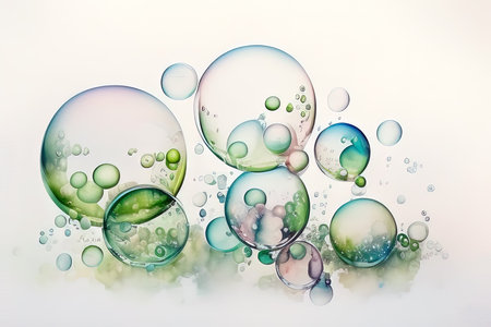 Colorful soap bubbles on white background. Abstract watercolor illustration.  (AI Generated)の素材