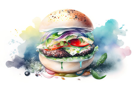 Watercolor illustration of a hamburger with lettuce, tomato, onion and cheese. (AI Generated)の素材
