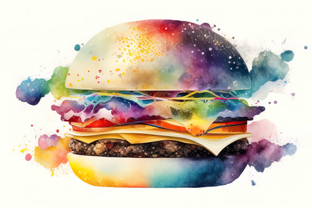 Hamburger with colorful watercolor splashes on a white background. (AI Generated)の素材