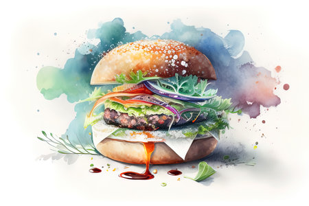Hamburger with vegetables on watercolor background. Vector illustration. (AI Generated)の素材