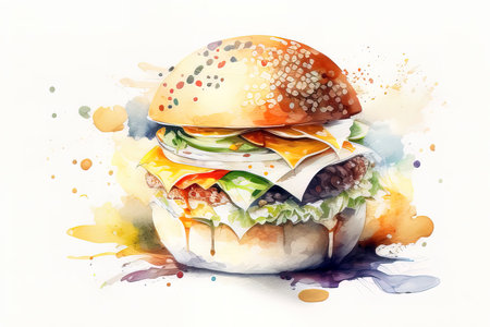 Hamburger with colorful watercolor splashes on a white background. (AI Generated)の素材