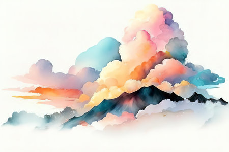 Mountains and clouds. Digital watercolor painting. Vector illustration. (AI Generated)の素材