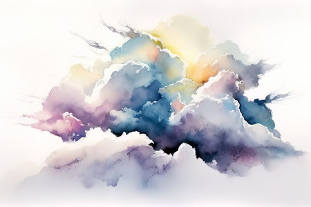 Watercolor background with clouds and sun. Watercolor painting effect. (AI Generated)の素材