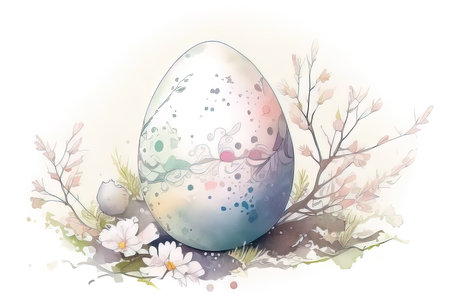 Easter egg with flowers and leaves. Watercolor painting. Vector illustration. (AI Generated)の素材