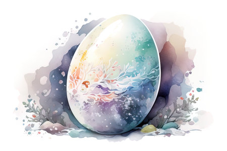 Easter egg with floral background, watercolor painting on white background. (AI Generated)の素材