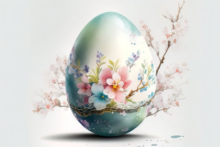 Easter egg with floral ornament and flowers on a white background. (AI Generated)の素材