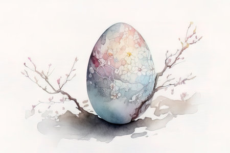 Watercolor painting of easter egg with spring blossom on white background. (AI Generated)の素材