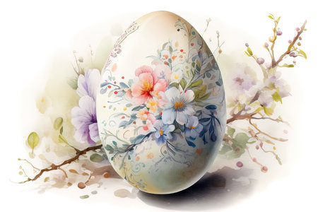 Watercolor painting of Easter egg with floral ornament on white background. (AI Generated)の素材