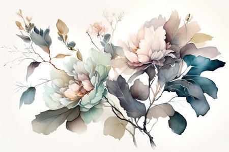Watercolor illustration of peony flowers in pastel colors on white background. (AI Generated)の素材