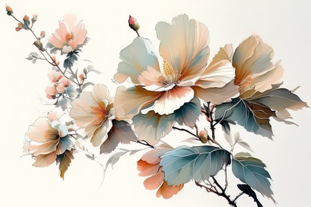 Watercolor illustration of a blooming branch of a magnolia. (AI Generated)の素材